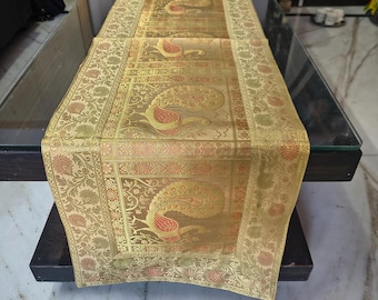 Peacock Brocade Art Silk Table Runner, Banarasi Indian Wedding Decor