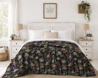 Handmade Black Floral Kantha Quilt, Reversible Cotton Bedspread, Indian Block Print Blanket, Boho Bedding, Twin Queen Bed Cover