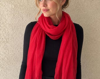 Red Cotton Silk Blend Scarf for Women, Lightweight Evening Wrap, Elegant Sheer Shawl, Long Fashion Accessory, Gift for Her