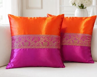 Set van 2 luxe satijnen zijden kussenhoezen, levendige oranje en roze boho-sierkussensloop, decoratief beddengoedaccent voor woonkamer