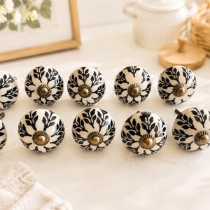 Set of 10 Luxury Ceramic Cabinet Knobs Black White Floral Drawer Pulls, Antique Brass Dresser Handles, Hand Painted Kitchen Hardware