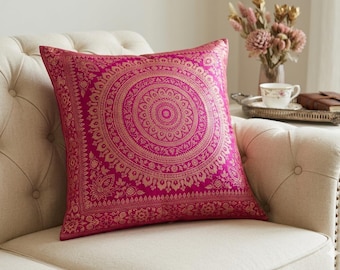 Pink Gold Mandala Woven Cushion Cover 16x16 Inch Boho Home Décor Pillow