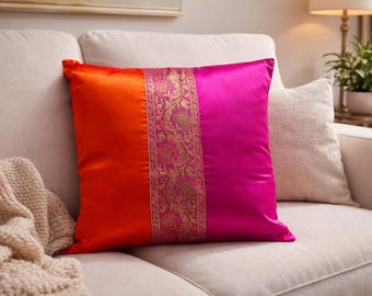 Handgemaakte satijnen zijden kussenhoes 16 x 16, roze oranje sierkussenhoes, kussensloop goudbrokaat, Indiase boho woondecoratie