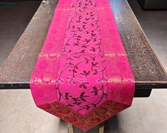 Hot Pink Magenta Table Runner with Gold Zari Border, Silk Floral Embroidery Table Dresser, Bright Festive Party Decor, Rani Pink Runner