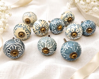 Blue White Ceramic Drawer Knobs Set, Hand Painted Cabinet Knobs, Farmhouse Kitchen Cupboard Pulls, Dresser Drawer Handles, Home Decor
