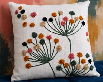 Housse de coussin capitonnée à motif floral 45 x 45 cm, housse de coussin décorative en coton blanc, broderie colorée pour canapé, style botanique moderne.