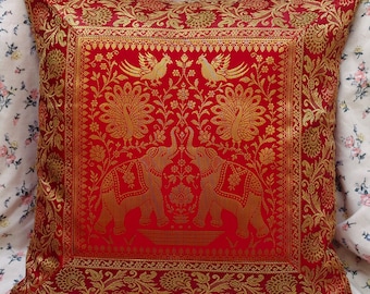 Red Gold Brocade Cushion Cover Elephant Peacock Motif Sofa Pillow Bedroom Decor Indian Cushion Cover Throw Pillow Ethnic Home Decor Accent