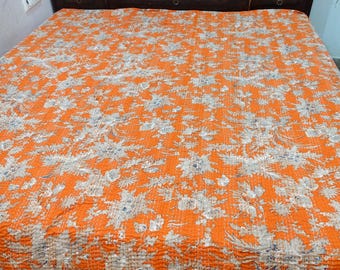 Orange Floral Cotton Kantha Quilt, Hand Stitched Indian Bedspread, Lightweight Boho Blanket, Twin Queen Bedding, Housewarming Gift