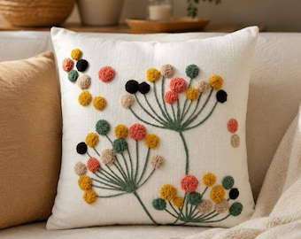 Pom Pom Wildflower Cotton Cushion Cover, Ivory Mustard Coral Sage Embroidered Pillow 16X16 18X18 inch