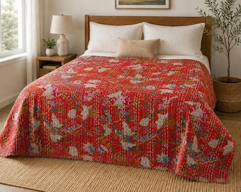Farmhouse Red Floral Kantha Quilt Handmade Cotton Bedspread Reversible Boho Blanket Twin Queen Bed Cover Rustic Bedding Decor