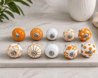 Set of 10 Orange White Ceramic Knobs Decorative Drawer Pulls Cabinet Hardware Furniture Knobs Jewelry Box Dresser Vanity Pantry Office