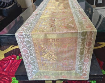 Caminho de mesa artesanal em brocado de seda, estilo Banarasi, decoração de casamento, roupa de mesa de luxo para sala de jantar.
