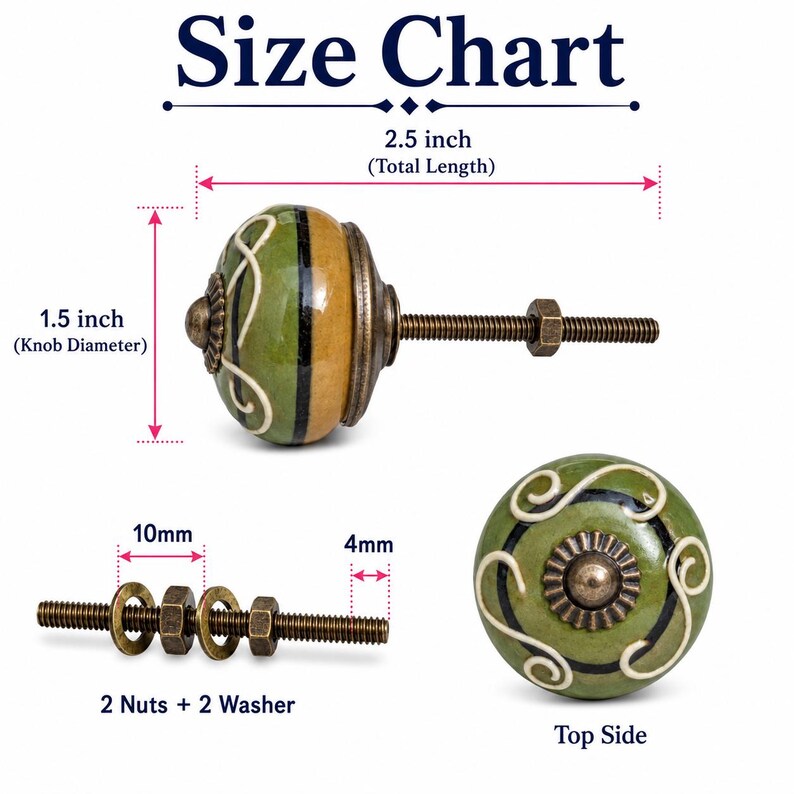 May include: A round ceramic cabinet knob with green and tan sections, black stripes, and white swirl patterns. It features a bronze-tone metal base and bolt. The total length is 6.35 cm, and the knob diameter is 3.81 cm, including 2 nuts and 2 washers.