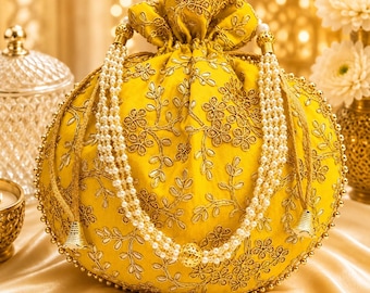 Handgemaakte zijden potli tas voor vrouwen geborduurde potli portemonnee koord potli zakje bruids bruiloft etnische partij retourcadeau designer handtas