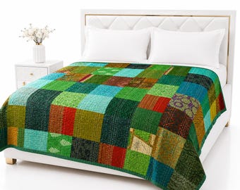 Green Kantha Quilt Queen Size Handmade Kantha Stitch Silk Patchwork Blanket Bedspread Green Kantha Saree Reversible Bedding Gift for Groom
