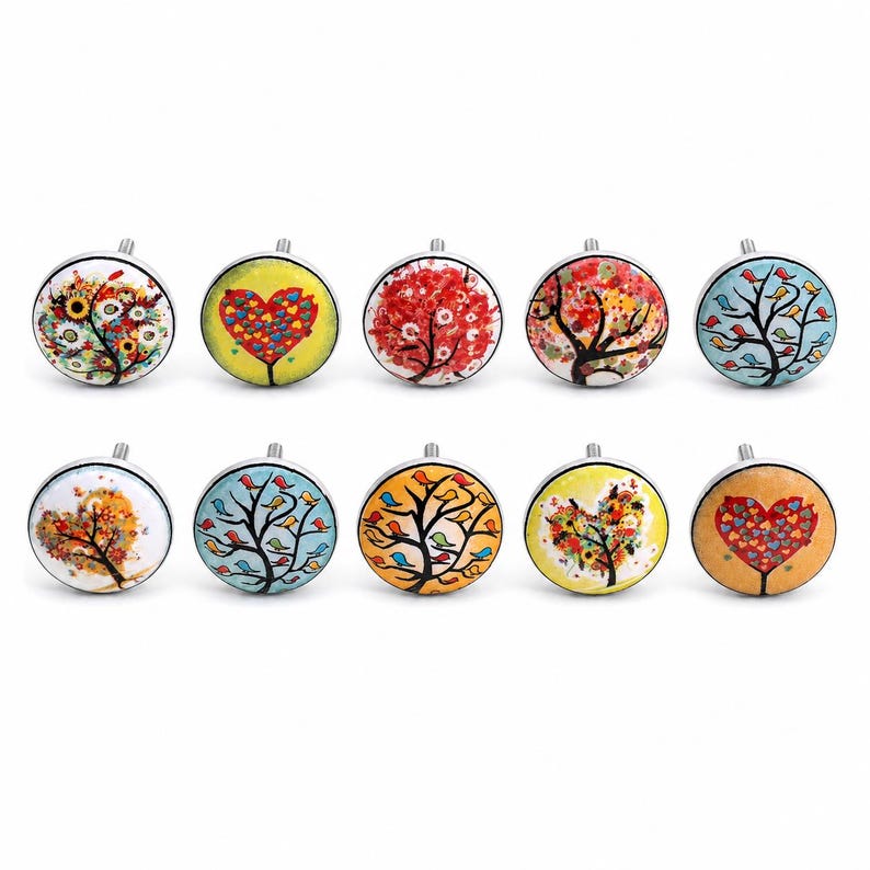 Ceramic Cabinet Knobs Set, Multicolor Tree Bird Drawer Pulls, Boho Dresser Handles, Decorative Cupboard Hardware, Housewarming Gift image 8