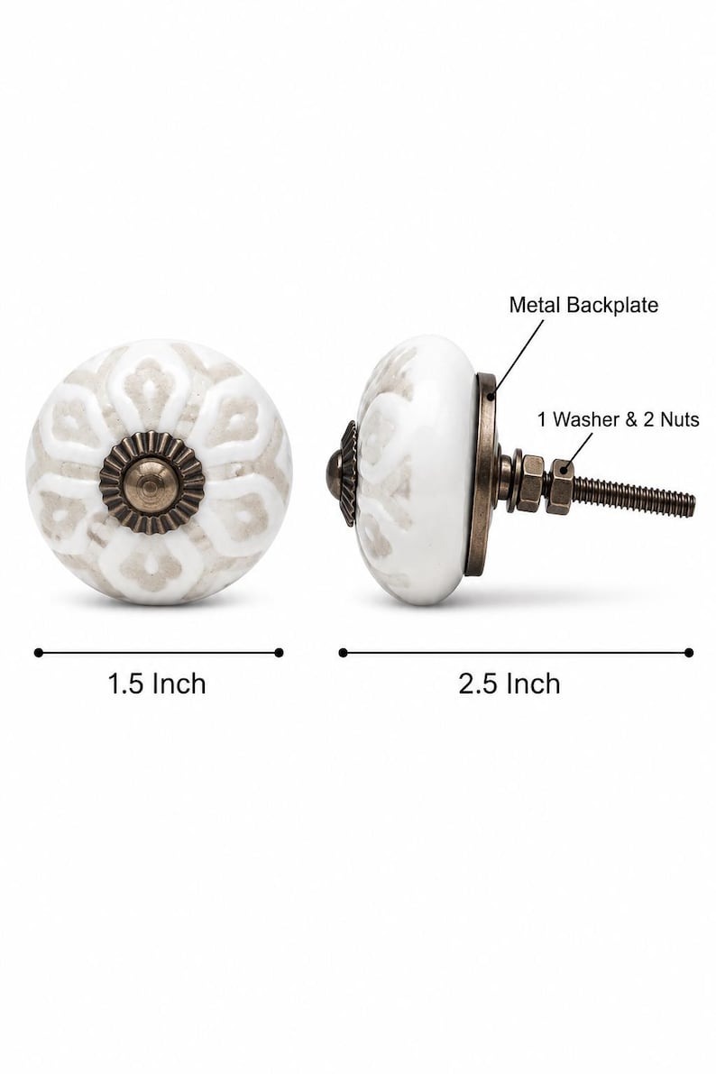 May include: A round white ceramic knob with a light grey floral pattern and an antique bronze metal centre. The knob has a diameter of 3.81 cm and a length of 6.35 cm, including a metal backplate, one washer, and two nuts on the threaded bolt.