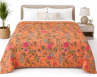 Peach Handmade Kantha Quilt Floral Cotton Bedspread Reversible Indian Hand Quilted Blanket Twin 90x60 Queen 90x108 Bedroom Bedding Decor