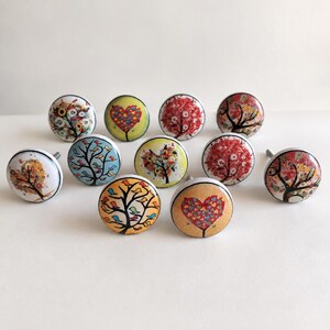 Ceramic Cabinet Knobs Set, Multicolor Tree Bird Drawer Pulls, Boho Dresser Handles, Decorative Cupboard Hardware, Housewarming Gift