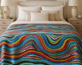 Handmade Abstract Wave Cotton Kantha Quilt – Colorful Modern Bedspread | Boho Home Decor | Twin, Queen & King Sizes