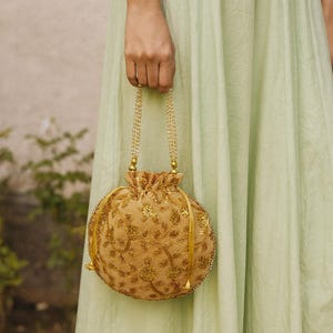Banarasi Potli Bag with Gold Zari and Sequin Work, Embroidered Indian Wedding Bridal Clutch, Festive Gift Pouch