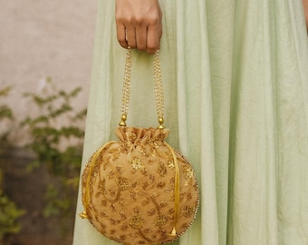 Banarasi Potli Bag with Gold Zari and Sequin Work, Embroidered Indian Wedding Bridal Clutch, Festive Gift Pouch