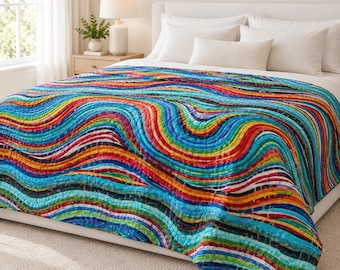Colorful Wave Kantha Quilt, Handmade Cotton Bedspread, Abstract Rainbow Stripe Blanket, Lightweight Boho Bedding, Indian Sofa Throw
