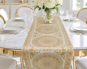 Ivory Cream Brocade Silk Table Runner 14x80 Inch Luxury Gold Floral Mandala Dining Table Decor Elegant Wedding Party Runner with Tassels