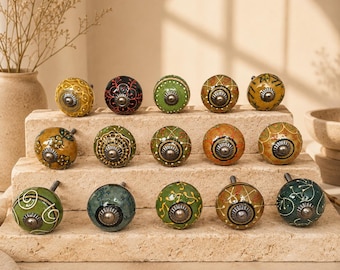 Assorted Set of 10 Ceramic Drawer Knobs, Colorful Boho Cabinet Handles, Assorted Dresser Pulls, Kitchen Cupboard Furniture Hardware