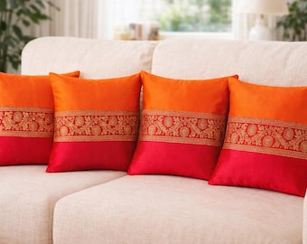 Set of 4 Orange Red Silk Cushion Covers, Indian Ethnic Sofa Pillow Decor Decorative Throw Traditional Sofa Boho Ethnic Living Room Decor