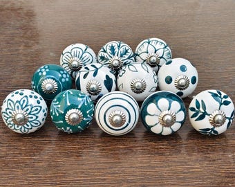 Decorative Hand Painted Ceramic Drawer Knobs, Green Floral Botanical Cabinet Pulls (Set of 10)