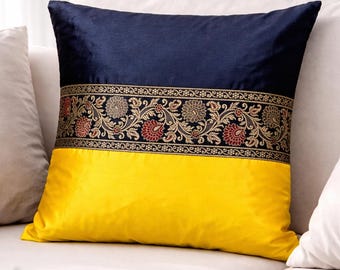 Indian Brocade Cushion Cover Black Mustard Yellow, Satin Throw Pillow Cover, Handmade Decorative Sofa Cushion, Spring Home Decor