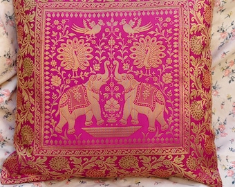 Home And Living Pink Gold Cushion Cover Royal Elephant Peacock Design Indian Ethnic Sofa Throw Pillow Luxury Home Accent Gift