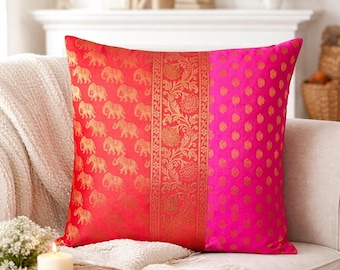 Indisches Seidenbrokat Kissenbezug Rot Rosa Elefant Blumenkissen 40 x 40 cm Dekorativer Bezug Floral Boho Sofa Kamin Bank Stuhl Dekor