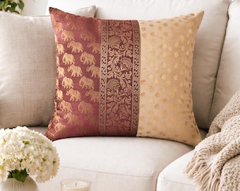 Indian Elephant Cushion Cover, Boho Ethnic Gold Foil Throw Pillow, 16x16 Inch Sofa Case