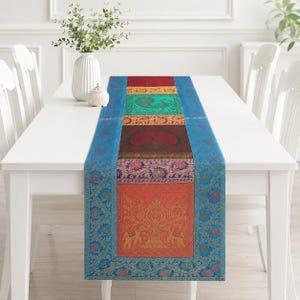 Royal Blue Brocade Silk Table Runner with Assorted Patchwork & Elephant Motif | Handmade Indian Jacquard Table Decor | 16x60 Inch