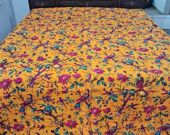 Boho Colorful Bedspread Boho Kantha Quilt Mustard Yellow Kantha Quilt Handmade Cotton Bedspread Bird Floral Indian Bedding Throw Blanket