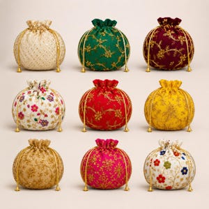 Indische Potli Handtasche für Frauen, gestickte Potli Clutch Set, ethnische Hochzeit Potli Geldbörse, Braut Kordelzug, Potli Bag Geschenkset