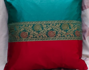 Teal & Red Silk Pillow Cover with Floral Brocade Trim - Decorative Throw Pillow Cushion Holiday Decor Satin Cushion Cover Handmade Gold