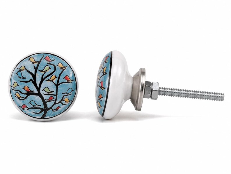 Ceramic Cabinet Knobs Set, Multicolor Tree Bird Drawer Pulls, Boho Dresser Handles, Decorative Cupboard Hardware, Housewarming Gift image 7