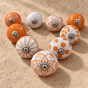 Set of 4 Orange Ceramic Knobs, Modern Cabinet Pulls, White Drawer Handles, Handmade Cupboard Knobs, Retro Furniture Hardware Assorted