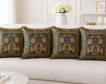 Royal Elephant kussenslopen set van 4, marineblauw goudbrokaat kussens, decoratieve bankkussens 16 x 16, boho home-accent