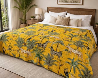 Mustard Yellow Safari Bedspread Handmade Cotton Quilt Twin 90x60 Queen 90x108 Exotic Animal Print Kantha Cover Summer Bedding
