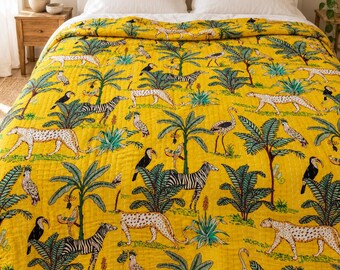 Yellow Kantha Quilt, Cotton Jungle Animal Print Bedspread, Hand Stitched Safari Blanket, Boho Sofa Throw with Tropical Birds Queen And Twin