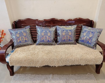 Kussenhoezen blauwe olifant, set van 4, Royal Indian Brocade kussenslopen 16 x 16, luxe decoratieve bankkussenset