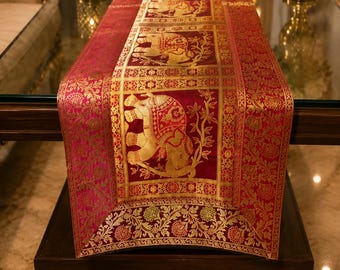 Red and Gold Silk Table Runner, 16x60 Inch, Decorative Dining Table Accent for Weddings, Festive Gatherings and Home Decor