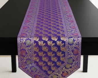 Purple Banarasi Silk Table Runner with Elephant Motif Luxury Indian Brocade Table Cloth, Boho Dining Decor Wedding Table Runner with Tassels