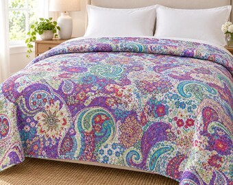 Paarse paisley katoenen Kantha sprei, veelkleurige queensize bedsprei 90x108 inch, handgestikte bloemensprei