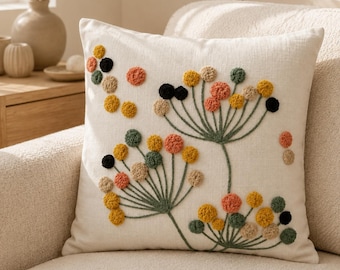 Floral Pillow Cover, Wildflower Embroidered Cotton Cushion with Pom Pom Trim, 16x16 or 18x18 Inch, Boho Sofa Decor