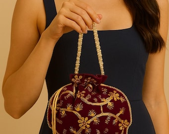 Sac à main en velours côtelé pour mariage indien, pochette de mariée brodée en or, sac à cordon ethnique, cadeau de demoiselle d'honneur, sac à main de fête